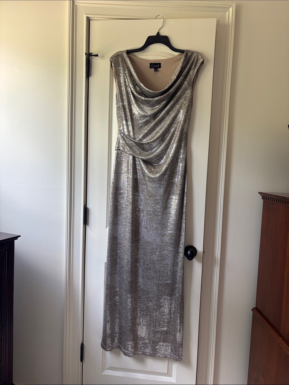connected apparel Silver Metallic Cowl-Neck Maxi Dress